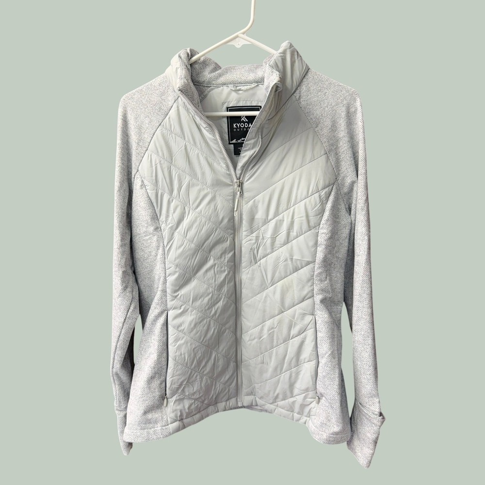 Kyodan Outdoor Hybrid Jacket Womens L Gray Quilted Herringbone Knit Thumbholes